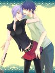  1girl bad_id blue_hair chaos;head couple grey_eyes hanano kishimoto_ayase nichijou_takumi nishijou_takumi pantyhose purple_eyes purple_hair short_hair skirt smile violet_eyes 