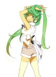  arms_up green_hair grin hands_in_hair highres long_hair long_ponytail midriff niwa original short_shorts shorts smile solo thigh-highs thighhighs v very_long_hair white_legwear yellow_eyes 