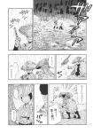  comic forest highres monochrome nature night rain river stick touhou translated 