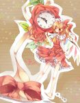  barefoot blonde_hair blush bow clock dress eikokudaisuki feet flandre_scarlet flower hair_bow hat kasu_(return) leaf open_mouth red_eyes red_rose rose short_hair side_ponytail solo star the_embodiment_of_scarlet_devil touhou wings witch_hat 