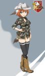  blue_eyes boots camouflage commentary commentary_request cowboy_boots cowboy_hat feathers hair_feathers hat head_wings ogitsune_(ankakecya-han) orange_hair sleeves_rolled_up strike_witches strike_witches_1991 tail thigh-highs thighhighs uniform western 