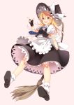  apron bad_id blonde_hair bow braid broom dress fingerless_gloves gloves hair_bow hat hat_bow kirisame_marisa long_hair necktie newrein open_mouth petticoat short_sleeves solo touhou vest witch witch_hat yellow_eyes 