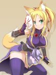  armor blonde_hair blue_legwear blush dog_days fox_ears fox_mask fox_tail green_eyes highres long_hair mask ponytail shinjitsu207 shinjitsu_(true_ride) smile solo tail thighhighs weapon yukikaze_panettone 