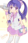  1girl :o alternate_costume bad_id bow drink hair_bow ice_cube long_hair muikou_(moeko0903) multicolored_hair open_mouth panty_&amp;_stocking_with_garterbelt pink_hair ponytail purple_eyes purple_hair solo stocking_(character) stocking_(psg) thighhighs tray violet_eyes waitress water white_legwear white_thighhighs wrist_cuffs 