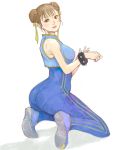  alternate_costume ass bare_shoulders brown_hair capcom chun-li double_bun huge_ass kazaana looking_back panties pantylines short_hair simple_background solo street_fighter street_fighter_ii street_fighter_zero underwear unitard 