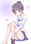  barefoot black_legwear brown_eyes brown_hair face footwear hair_bun hanasaku_iroha kyuri long_hair oshimizu_nako panties pantyshot pantyshot_(sitting) pantyshot_sitting school_uniform serafuku sitting smile sock_pull socks solo underwear undressing white_panties 