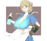  blonde_hair blue_eyes breast_expansion breasts character_request cleavage fallout fallout_3 freckles futaba_channel glow hand_on_hip higuma hips huge_breasts jumpsuit kuma_(redbear) large_breasts lone_wanderer mushroom nijiura_maids nuka_cola nuka_cola_quantum original sagging_breasts short_hair solo 