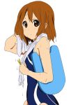  absurdres bad_id brown_eyes brown_hair competition_swimsuit hair_ornament hairclip highres hirasawa_yui k-on! one-piece_swimsuit penta_(nrstk) school_swimsuit short_hair solo swimsuit towel wet wet_hair 