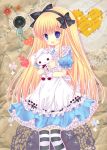  alice_(wonderland) alice_in_wonderland blonde_hair blue_eyes blush bunny dress hairband heart_no_kuni_no_alice hug long_hair mizuse_ruka open_mouth rabbit smile striped striped_legwear stuffed_animal stuffed_toy thighhighs 