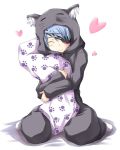  blue_hair closed_eyes costume eyepatch eyes_closed heart infinite_stratos laura_bodewig mister_(black_and_white) paw_print pillow pillow_hug smile solo 