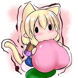  animal_ears blonde_hair cat_ears cat_tail chibi eating extra_ears food food_awe fruit holding holding_fruit holding_peach hoshizuki_(seigetsu) kemonomimi_mode leaf mizuhashi_parsee peach puru-see scarf solo tail touhou trembling 