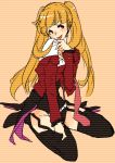  1girl :p ai-wa asmodeus black_legwear blonde_hair breasts cleavage garter_straps long_hair necktie necktie_removed red_eyes sitting stakes_of_purgatory thigh-highs tongue twintails umineko_no_naku_koro_ni wariza 