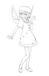 adapted_costume alternate_costume arm_up bracelet casual contemporary dress earrings fang hat jewelry lineart monochrome mystia_lorelei open_mouth posing shiba_itsuki short_hair simple_background smile solo thigh-highs thighhighs touhou white_background wings 
