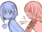  2girls :o ? blush fang flat_color hair_ornament hairclip imageboard_colors long_hair mahou_shoujo_madoka_magica miki_sayaka monochrome multiple_girls multiple_monochrome no_nose open_mouth sakura_kyouko short_hair simple_background speech_bubble white_background zawameki 