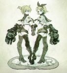  1girl bad_id black_legwear blonde_hair blue_eyes brother_and_sister capelet gloves hair_ornament hair_ribbon hairclip hand_holding high_heels holding_hands kagamine_len kagamine_rin looking_back midriff navel niji oversize_forearms power_fist ribbon rough shoes short_hair short_shorts short_sleeves shorts siblings thigh-highs thighhighs trap twins vocaloid zettai_ryouiki 