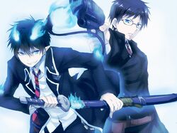  ao_no_exorcist bad_id black_hair blue_eyes brothers fire flame glasses grin gun maruki_(punchiki) multiple_boys okumura_rin okumura_yukio pointy_ears punchiki school_uniform short_hair siblings smile sword weapon 