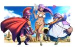  blue_hair bra breasts cape choker circlet dragon_quest dragon_quest_iv facial_hair fang heart helmet highres legs lingerie loincloth manya mound_of_venus mustache naav navel purple_eyes purple_hair ryan_(dq4) sandals thighs torneko underwear violet_eyes 