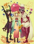  amaimon ao_no_exorcist black_hair blonde_hair boots cape fang flower gloves green_eyes green_hair highres japanese_clothes kimono male mephisto_pheles moriyama_shiemi pointy_ears short_hair umbrella yellow_eyes yuzu_juncgr 