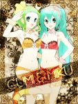  aqua_eyes aqua_hair armpits bare_shoulders bra collar detached_collar footwear green_eyes green_hair gumi hand_on_hip hand_on_waist hatsune_miku hips leg_lift lingerie long_hair multiple_girls navel oumi_sanaka panties polka_dot polka_dot_bra polka_dot_panties short_hair socks twintails underwear underwear_only very_long_hair vocaloid wrist_cuffs 