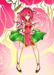 1girl bandages breasts bun_cover chain chinese_clothes cuffs double_bun floral_background flower hand_on_hip highres ibaraki_kasen norishiro pink_hair red_eyes ribbon rose short_hair skirt smile solo tabard touhou 