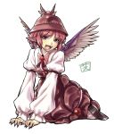  animal_ears brown_dress brown_eyes brown_hair dress ear_piercing earrings face fang fangs fingernails hat jewelry mystia_lorelei open_mouth piercing pink_hair pointy_ears shiba_itsuki short_hair simple_background sitting smile solo touhou v_arms white_background wings 