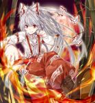  bamboo bow fire fujiwara_no_mokou grin hair_bow highres long_hair lunica moon pants ponytail red_eyes shoes smile solo suspenders touhou white_hair 