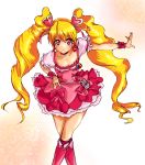  blonde_hair boots bow choker crossed_legs_(standing) cure_peach dress earrings fresh_precure! frills hair_ornament hairpin hand_on_hip heart hips jewelry long_hair magical_girl momozono_love pink_eyes precure ribbon smile solo takkee twintails wrist_cuffs 
