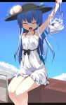  adapted_costume bag blue_hair blue_sky closed_eyes clothes dress eyes_closed food fruit hat hinanawi_tenshi holding_up long_hair mamo open_mouth peach sitting sky smile solo sundress thighs touhou wall white_dress 