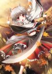  :o animal_ears autumn blush detached_sleeves flying forest hat highres inubashiri_momiji katana kei_kei leaf maple_leaf midriff nature navel open_mouth red_eyes shirt short_hair silver_hair skirt solo sword tail touhou weapon wide_sleeves wolf_ears wolf_tail 