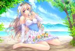  1girl beach blonde_hair blue_eyes blush breasts cleavage crown dress elbow_gloves female flower gloves legs long_hair mahiro_takeumi original smile solo thighs water 