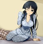  akiyama_mio black_hair blanket breasts cleavage heart heart_print highres k-on! long_hair pajamas solo sunlight tears tyranu wink 