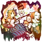 ascot bad_id blonde_hair bow brown_hair bucket chain chains cuffs cup fang geta girl_in_bucket green_eyes hair_bow horn horns hoshiguma_yuugi in_bucket in_container kisume kurodani_yamame lantern long_hair long_skirt mask mizuhashi_parsee multiple_girls orange_eyes ringetsumon sake skirt smile touhou translated translation_request upside-down yellow_eyes