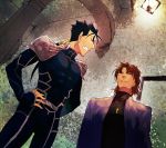  armor blue_hair brown_eyes brown_hair cassock cross dutch_angle earrings fang fate/stay_night fate_(series) hali hands_on_hips jewelry kotomine_kirei lancer male multiple_boys ponytail priest_robe red_eyes shoulder_pads shoulderpads 