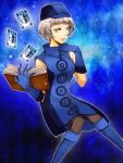 1girl bare_shoulders book boots card dress elizabeth_(persona) gloves hat pantyhose persona persona_3 short_hair sleeveless sleeveless_dress smile solo white_hair yellow_eyes 
