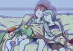  blanket blue_hair bow chitose_yuma closed_eyes couch drooling eyes_closed green_hair hair_bow hair_ornament hairclip hand_holding holding_hands hoodie kasumi_(pluvieux_tigre) kyubey leggings long_hair lying mahou_shoujo_madoka_magica mahou_shoujo_oriko_magica miki_sayaka misu_kasumi multiple_girls on_side open_mouth ponytail red_hair redhead sakura_kyouko short_hair short_twintails sitting sleeping twintails watching_television 