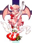  ascot bat_wings brooch dress food fork fruit hat jewelry kiguchiko minigirl oversized_object remilia_scarlet solo strawberry touhou wings 