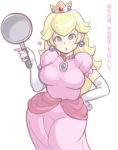  1girl blue_eyes crown curvy dress earrings elbow_gloves frying_pan gloves hand_on_hip heart hips jewelry long_hair maoo_aruba maou_alba nintendo princess_peach solo super_mario_bros. thick_thighs thighs translated white_gloves wide_hips 