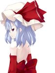  ameotoko back bare_back bare_shoulders blue_hair bust dress elbow_gloves face gloves hat hat_ribbon looking_back no_wings profile red_eyes red_gloves remilia_scarlet ribbon simple_background solo touhou 