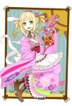  blonde_hair boots cross flower green_eyes hair_ornament hairband japanese_clothes jewelry kimono moriyama_shiemi necklace open_mouth short_hair smile solo 