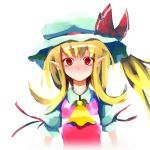  ascot blonde_hair blush bow bust flandre_scarlet hat highres open_mouth pointy_ears red_eyes short_hair side_ponytail solo tatwuku the_embodiment_of_scarlet_devil touhou 