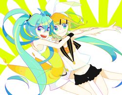  aqua_eyes aqua_hair blonde_hair hair_ornament hair_ribbon hairclip hako_(swimjelly) hatsune_miku kagamine_rin long_hair multiple_girls navel project_diva project_diva_2nd ribbon short_hair shorts smile twintails very_long_hair vocaloid yellow_(vocaloid) 