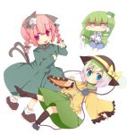  animal_ears blue_eyes bow braid cat_ears cat_tail chibi flat_gaze frog gohei green_hair hair_bow hair_ornament hat hat_bow heart kaenbyou_rin kochiya_sanae komeiji_koishi multiple_girls multiple_tails red_eyes red_hair redhead rowtan silver_hair simple_background single_shoe snake tail touhou twin_braids 