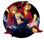  boots brother_and_sister flower hair_flower hair_ornament highres japanese_clothes kagamine_len kagamine_rin kimono navel sarashi siblings sitting smile tattoo twins vocaloid yucco 