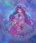  acrylic_paint_(medium) ama-tou blush capelet crescent dress frills gathers hair_ribbon hat long_hair patchouli_knowledge pink_dress purple_eyes purple_hair ribbon robe ruffles sitting smile solo star striped touhou traditional_media violet_eyes 