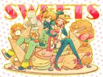 7-24 bare_shoulders blonde_hair blush brother_and_sister cake candy closed_eyes cookie dress eating elbow_gloves eyes_closed fingerless_gloves food fork fruit gloves hair_ornament hair_ribbon hairclip kagamine_len kagamine_rin open_mouth ribbon short_hair siblings sitting skirt strawberry sweets thigh-highs thighhighs twins vocaloid 