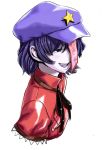  blue_eyes bust face geung_si hat jiangshi miyako_yoshika oekaki ofuda pale_skin purple_hair shiba_itsuki short_hair simple_background smile solo touhou 