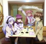  absurdres angel_beats! arm_up black_legwear blazer blush blush_stickers bow brown_hair choker cross demon_tail drink footwear green_eyes hair_bow hairband hand_on_hip headphones highres hips long_hair microphone multiple_girls necktie ooyama_(angel_beats!) pink_eyes pink_hair purple_hair school_uniform serafuku short_twintails silver_hair socks tachibana_kanade tail tachibana_kanade thigh-highs thighhighs tissue twintails very_long_hair yellow_eyes yui_(angel_beats!) yuri_(angel_beats!) 