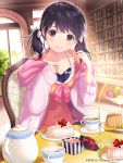  1girl black_eyes black_hair bow box cake casual cup food gift gift_box hair_bow hair_ribbon holding hooded_jacket ilog jewelry necklace occhan_(artist) official_art ribbon smile solo tagme teacup teapot twintails 