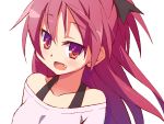  9law alternate_costume bare_shoulders blush bust collarbone fang long_hair mahou_shoujo_madoka_magica open_mouth ponytail red_eyes red_hair redhead sakura_kyouko simple_background smile solo 