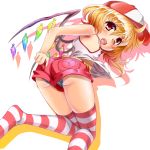  adjusting_clothes alternate_costume armpits ass bare_shoulders blonde_hair fang flandre_scarlet flat_chest hat open_mouth panties red_eyes shirt shorts side_ponytail solo striped striped_legwear striped_panties sushoyushi the_embodiment_of_scarlet_devil thigh-highs thighhighs touhou underwear upshirt wings zettai_ryouiki 
